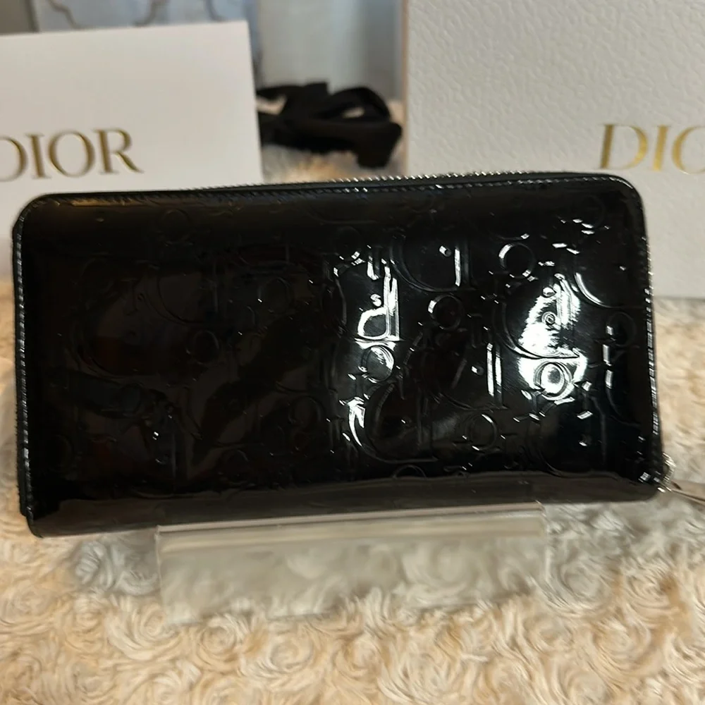 Dior zippy long wallet Lambskin Vernis leather oblique pattern Full Incl…